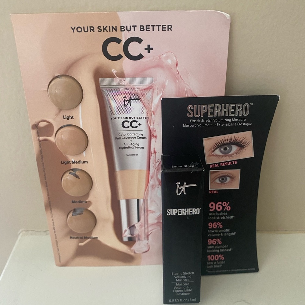 IT Cosmetics CC+ Cream Sample Pack and Superhero Super Black Mascara 0.17 oz